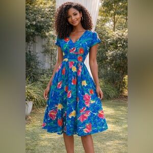 Blue Floral V-Neck Maxi Dress with Cap Sleeves